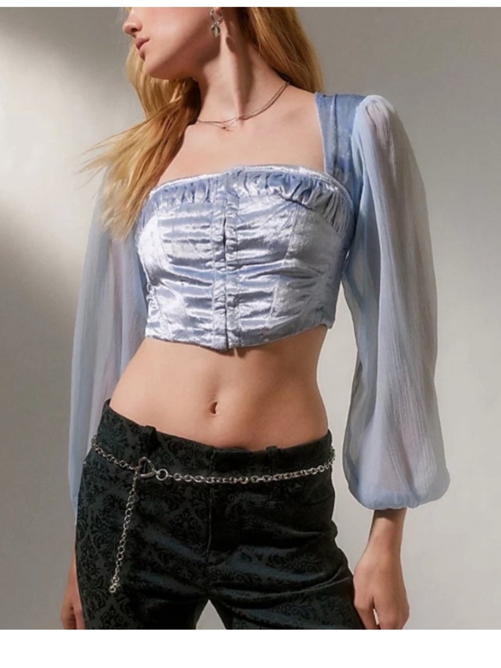 Urban Outfitters Light Blue Velvet Corset Top Sheer Balloon Sleeve XS